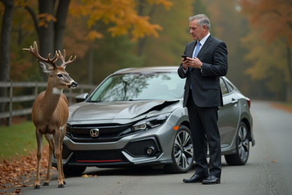 Homme d affaires près d une voiture endommagée avec un cerf à côté