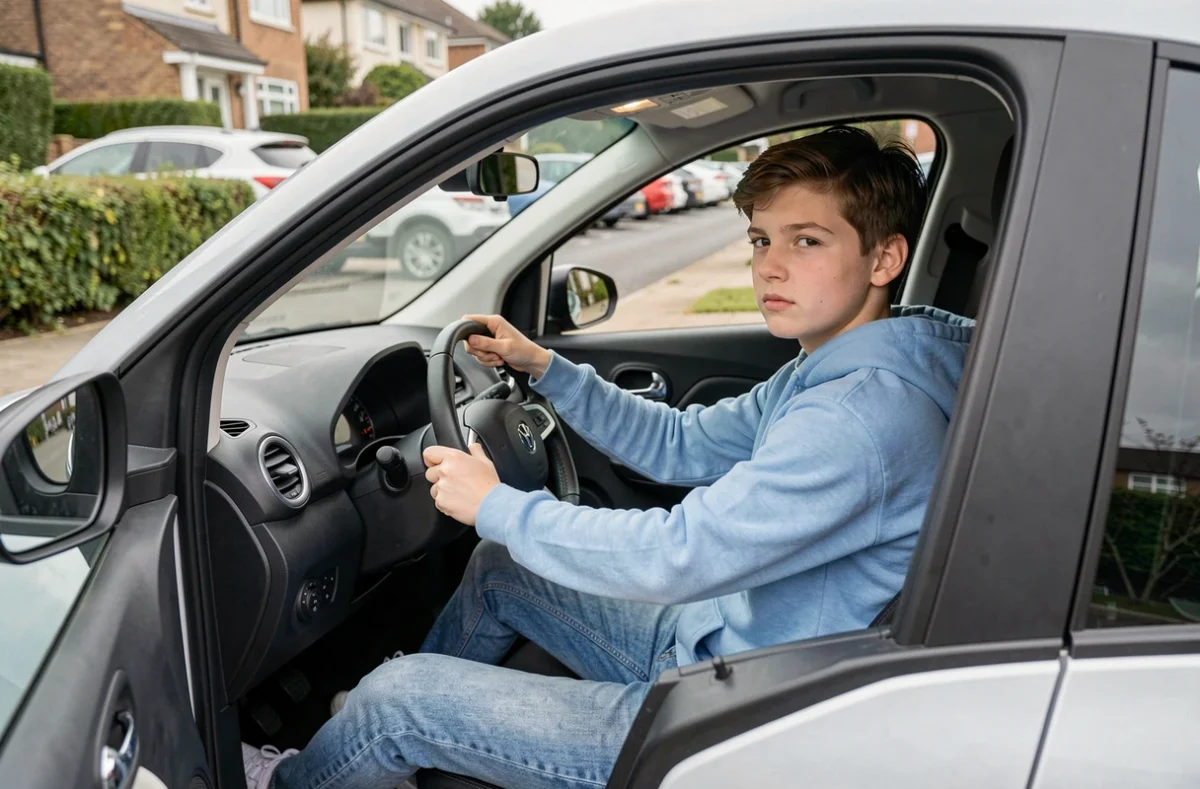 Adolescent de 15 ans au volant d'une voiture sans permis dans une rue résidentielle calme