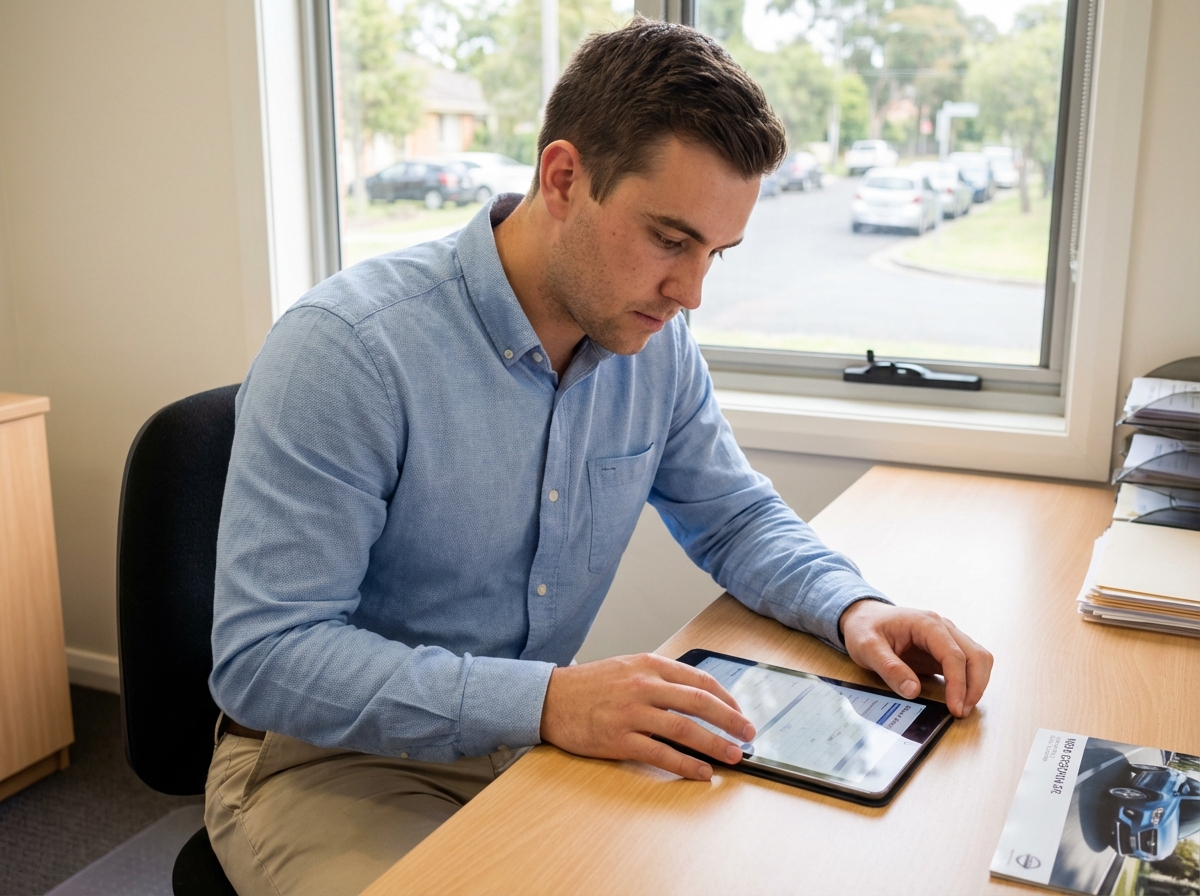 Agent d assurance étudiant une réclamation sur tablette