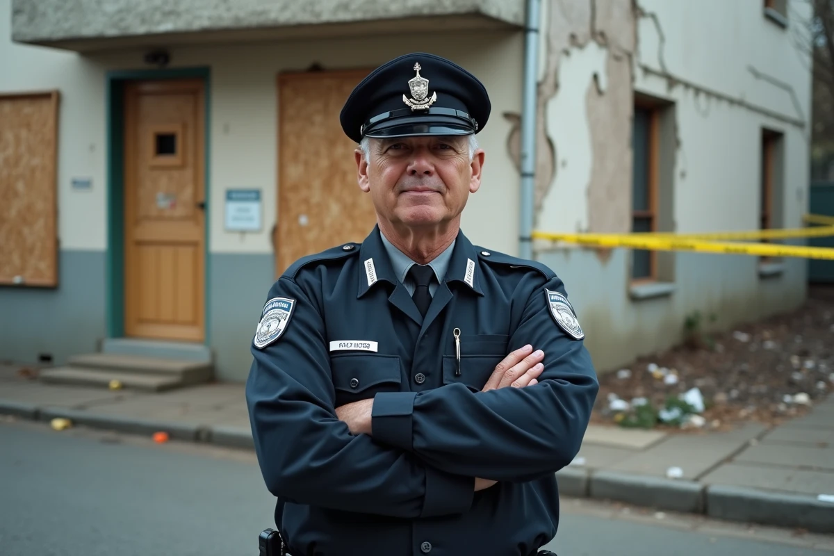 Agent de gardiennage en uniforme devant un immeuble sinistré avec dommages visibles et rubalise de sécurité