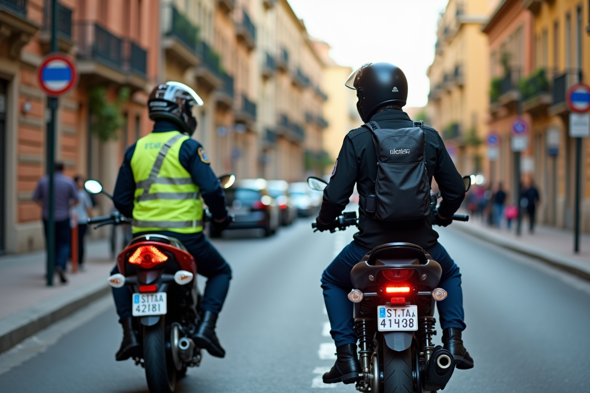 Agent de police espagnol parlant à un motard avec casque en ville