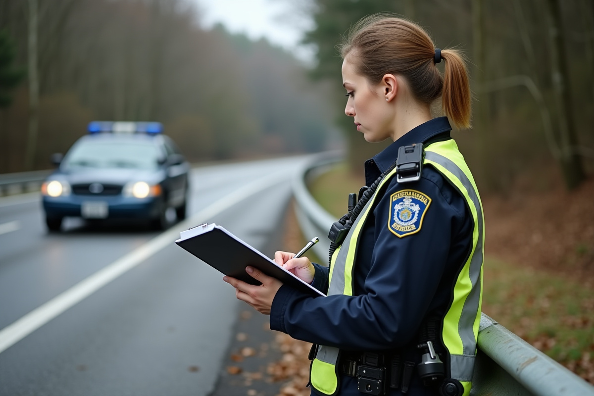  policière rédigeant un rapport au bord de la route