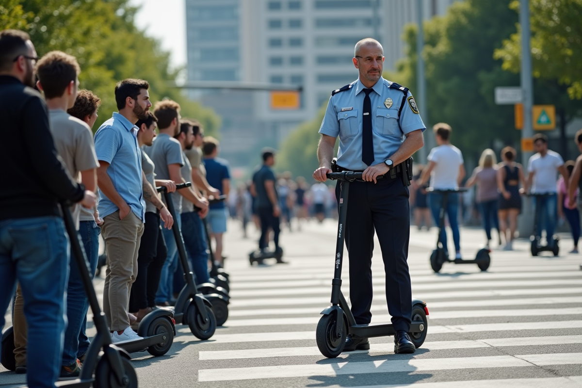 Agent de police expliquant les regles aux riders de scooters electriques