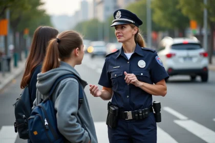 Agent de trafic en uniforme avec des adolescents en ville