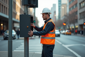 Technicien de trafic urbain vérifiant un boîtier de signalisation