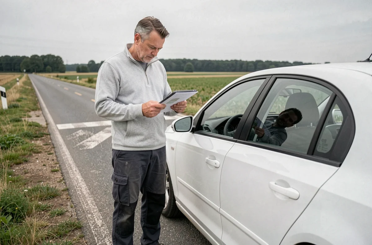 Agent conducteur de voiture radar privée consultant un document en bord de route provinciale française