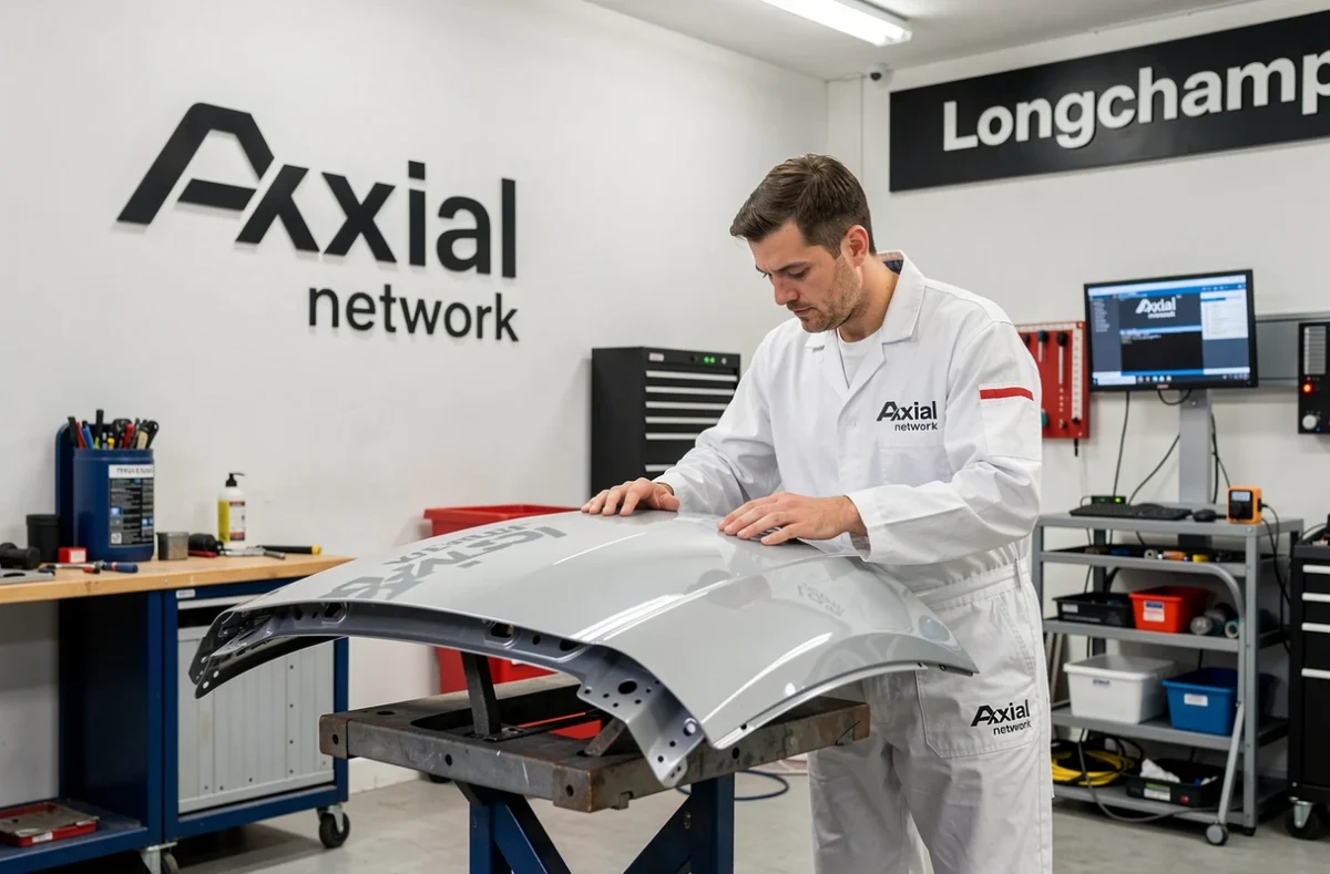 Technicien d'APM Longchamp affilié Axial alignant un capot repeint dans l'atelier de carrosserie spécialisé à Marseille