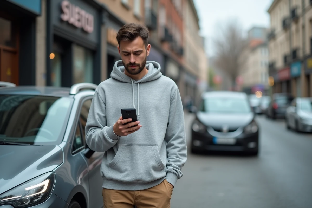 Homme consultant une application de diagnostic automobile sur smartphone après l'allumage du voyant moteur