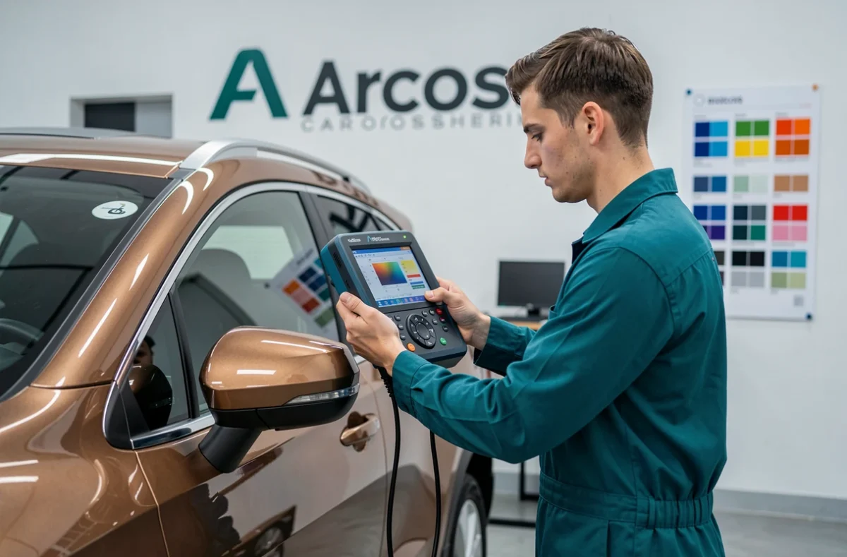 Technicien d'Arcos Carrosserie à Cenon utilisant un spectrophotomètre pour le dosage couleur sur un SUV bronze métallisé