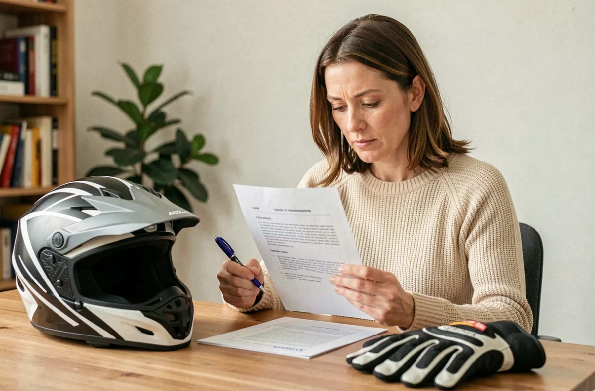 Femme consultant un contrat d'assurance moto cross à son bureau avec un casque posé à côté