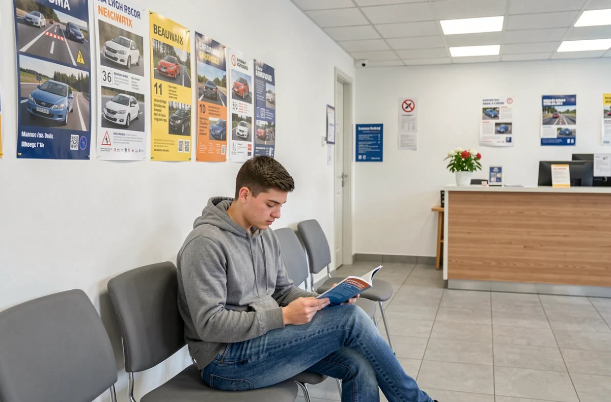 Élève révisant le code de la route dans la salle d'attente de l'Auto-Ecole CAMPUS à Beauvais