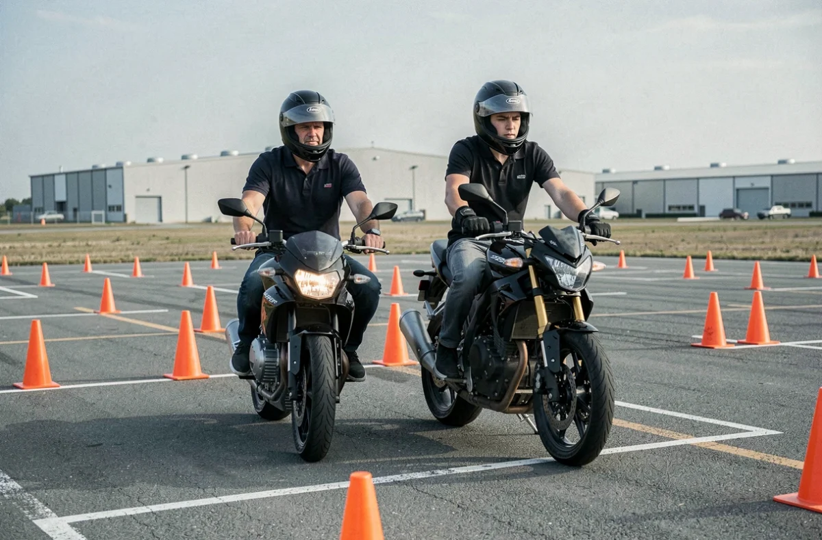 Formation moto avec un moniteur de l'Auto-Moto Ecole Tartron sur un circuit à Clermont