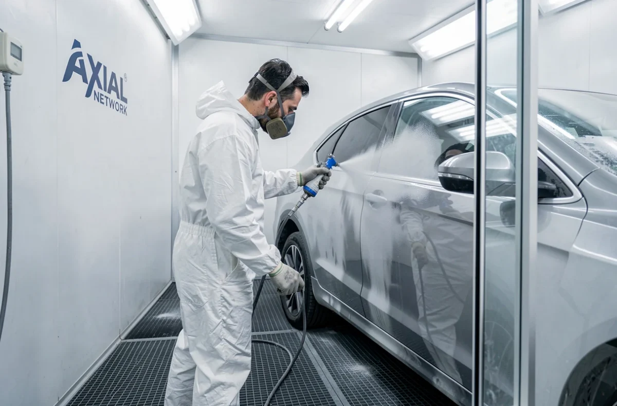 Peintre carrossier d'Avancar en combinaison de protection appliquant de la peinture en cabine dans cet atelier du réseau Axial à Marseille
