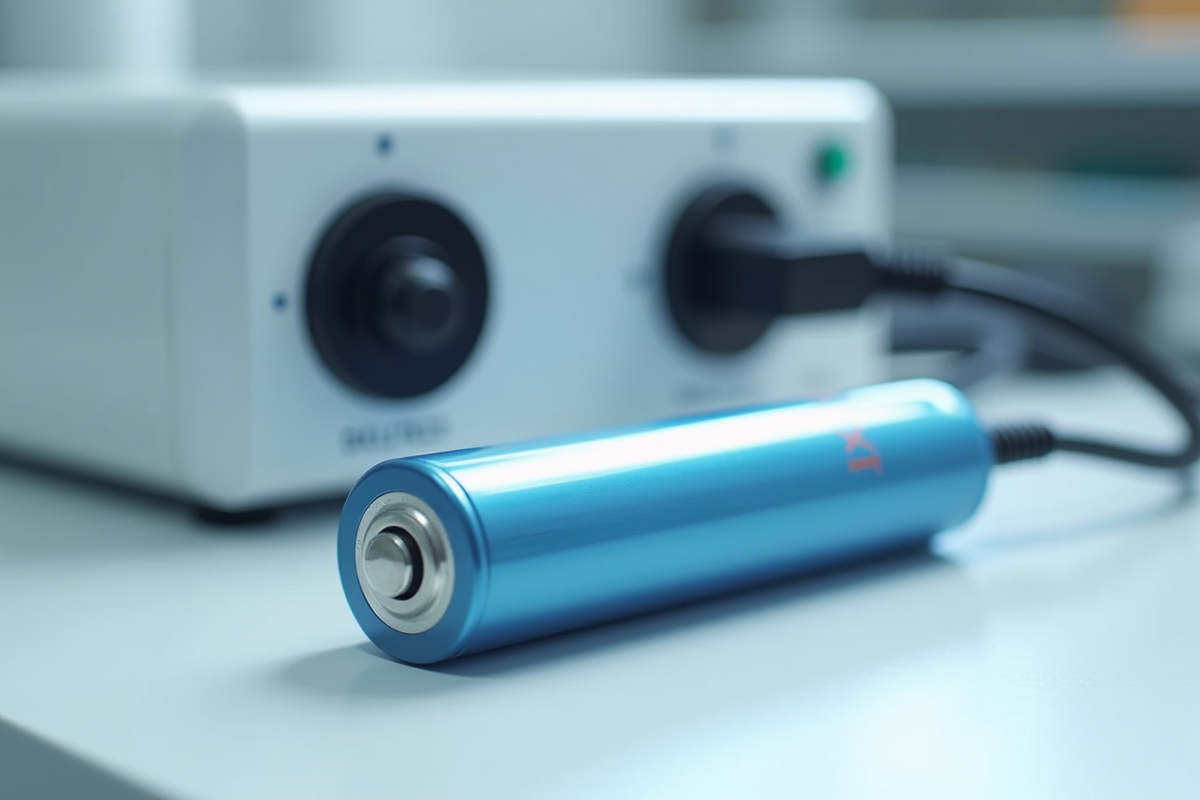 Batterie lithium moderne sur un plan de travail blanc