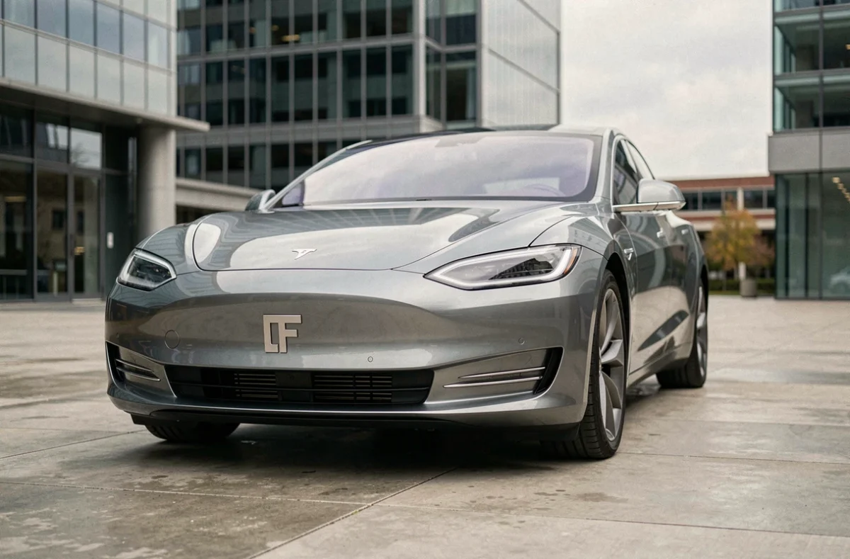 Berline électrique moderne présentant un logo de marque épuré et minimaliste sur une place urbaine en béton, symbolisant la tendance à la simplification des emblèmes automobiles