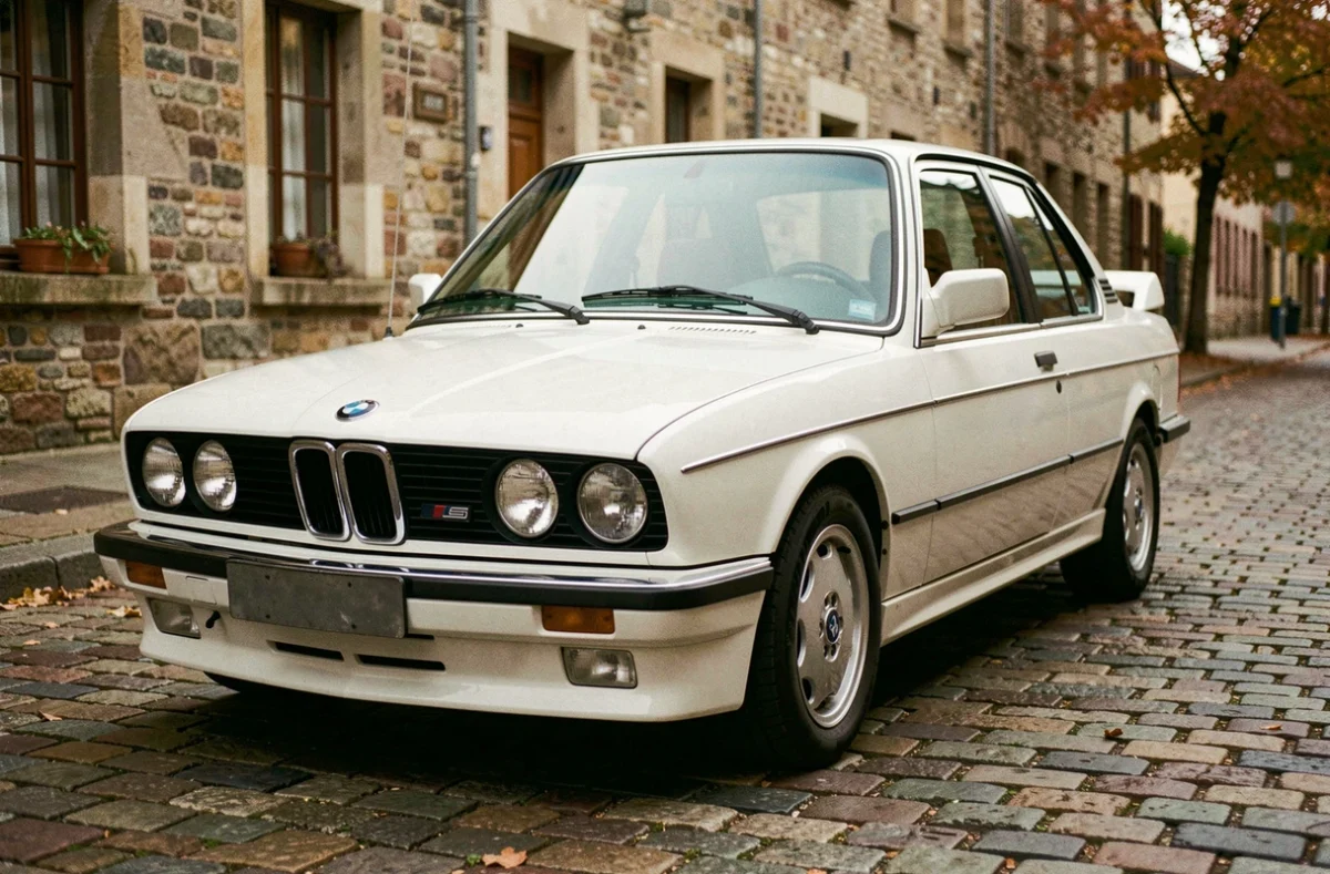 BMW E30 325i blanche garée sur des pavés européens en 1990, vue avant trois quarts, style photographique authentique des années 90