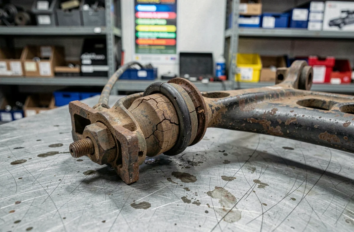Bras de suspension arrière usé et silentblocs endommagés d'une Peugeot 206 sur établi de garage