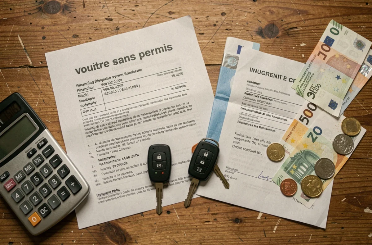 Documents de financement, clés et budget pour l'achat d'une voiture sans permis posés sur un bureau en bois