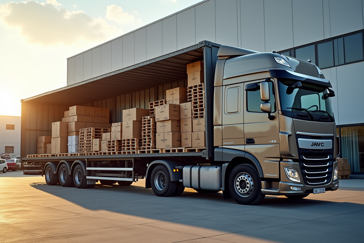 Camion de 10 tonnes chargé avec palettes et meubles en extérieur
