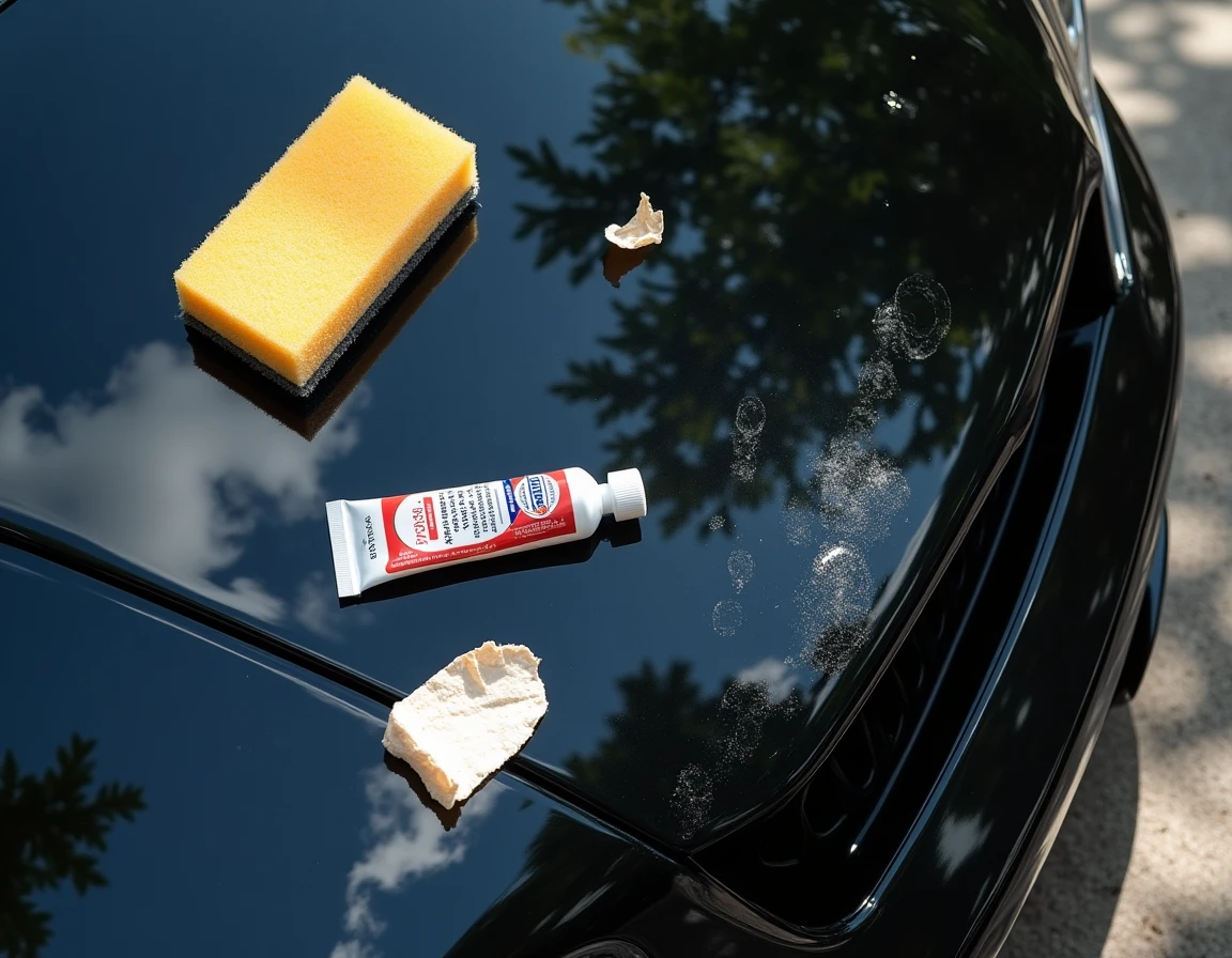 Vue de dessus d'un capot noir rayé entouré de produits ménagers inadaptés pour réparation