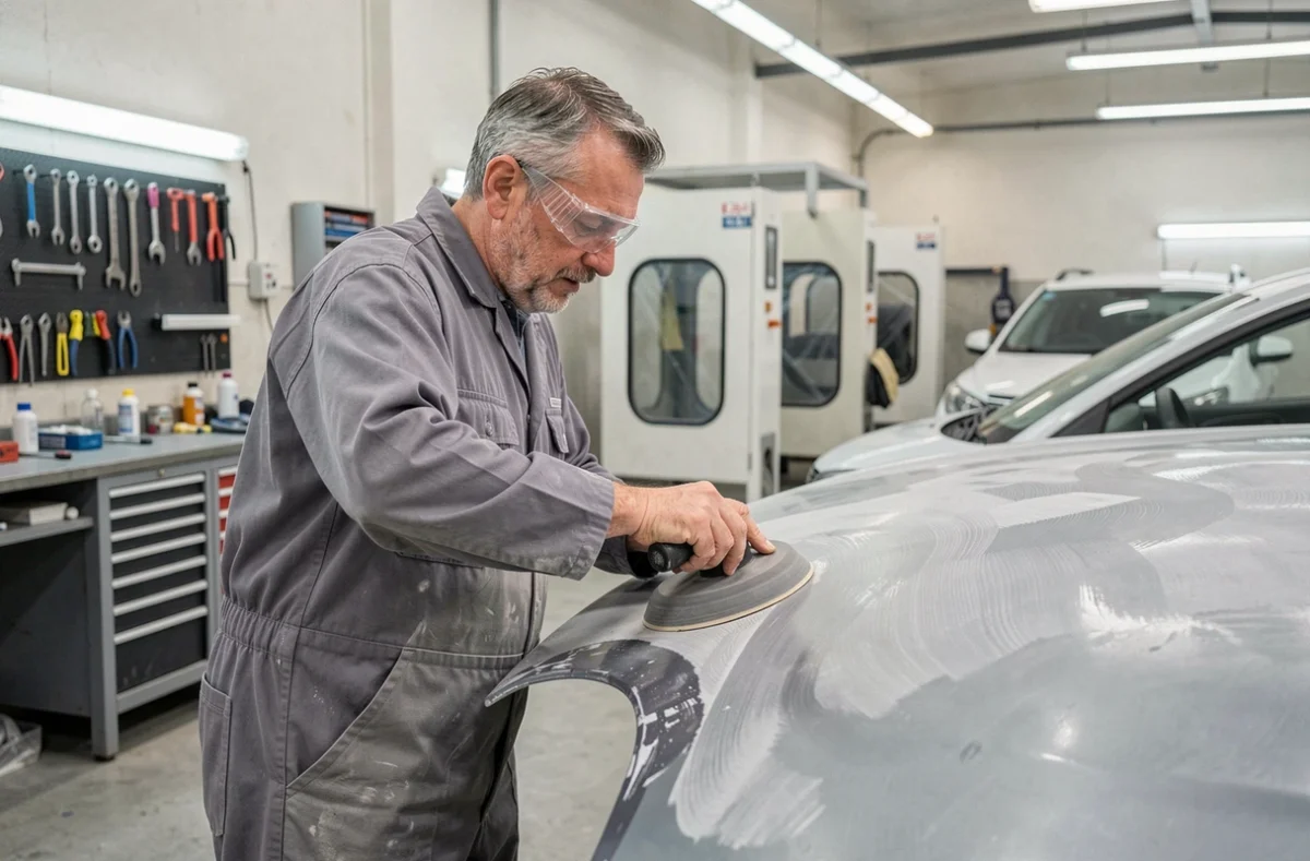 Technicien carrossier du Garlaban ponçant une portière de voiture dans son atelier du 12e arrondissement de Marseille