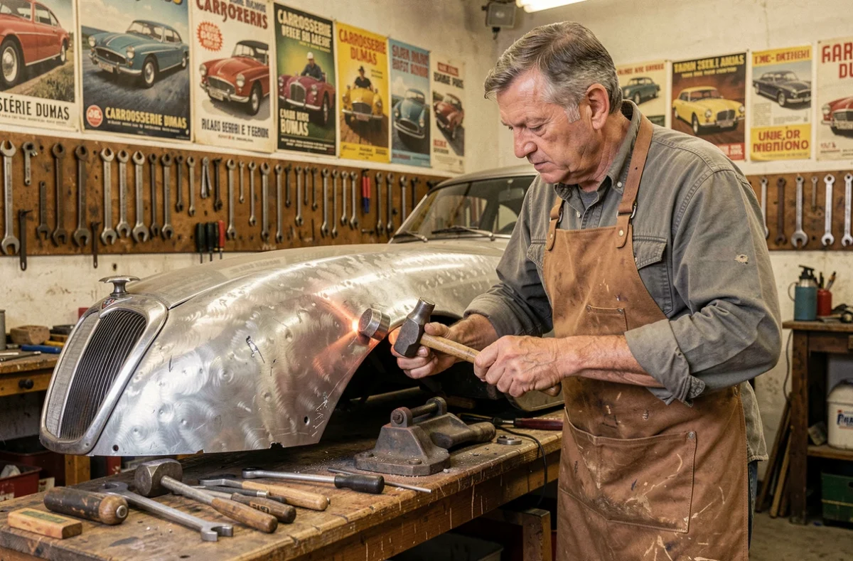 Maître carrossier de Carrosserie Dumas à Bordeaux façonnant à la main l'aile d'un véhicule classique avec des outils traditionnels