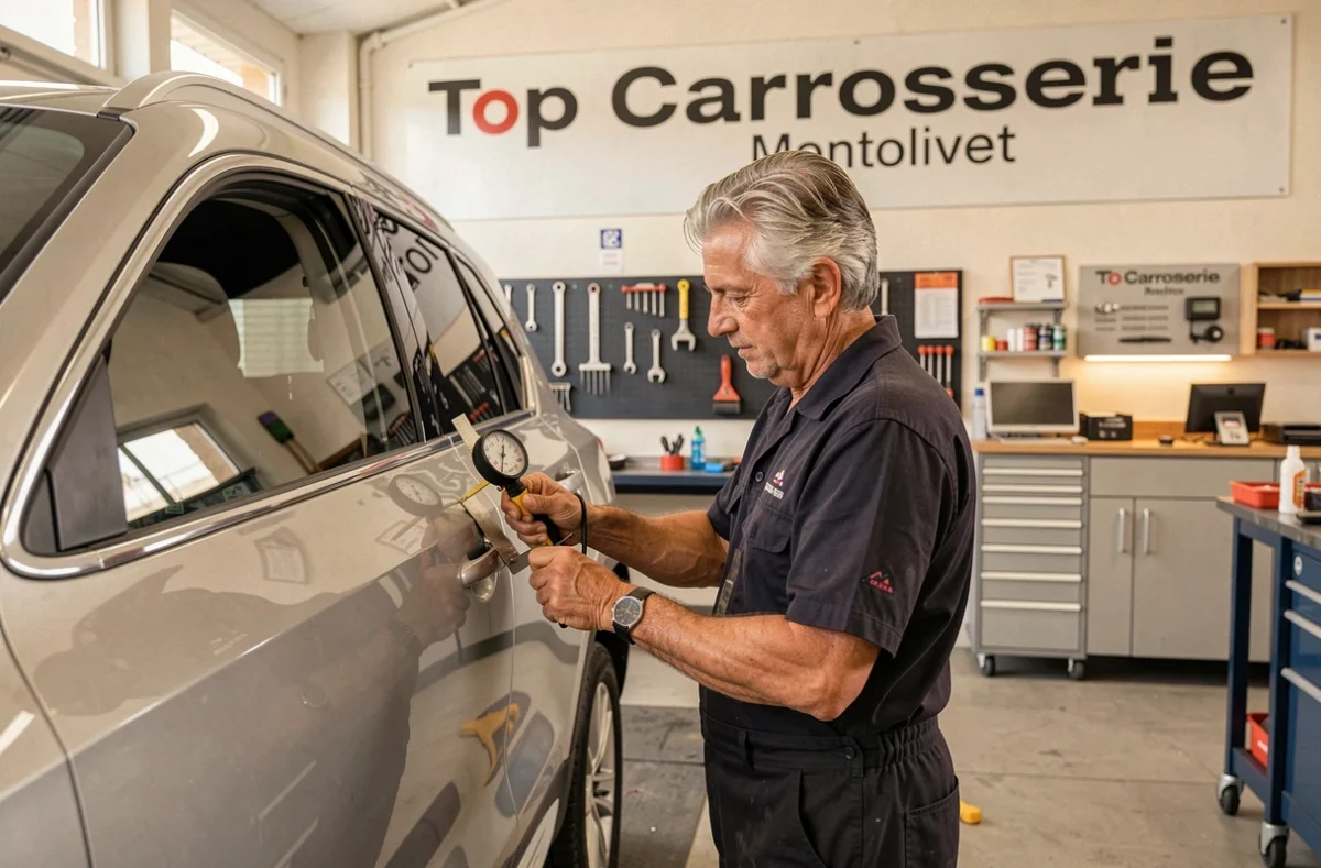 Technicien senior de la Carrosserie de Montolivet membre Top Carrosserie vérifiant l'alignement de carrosserie d'un SUV dans l'atelier marseillais