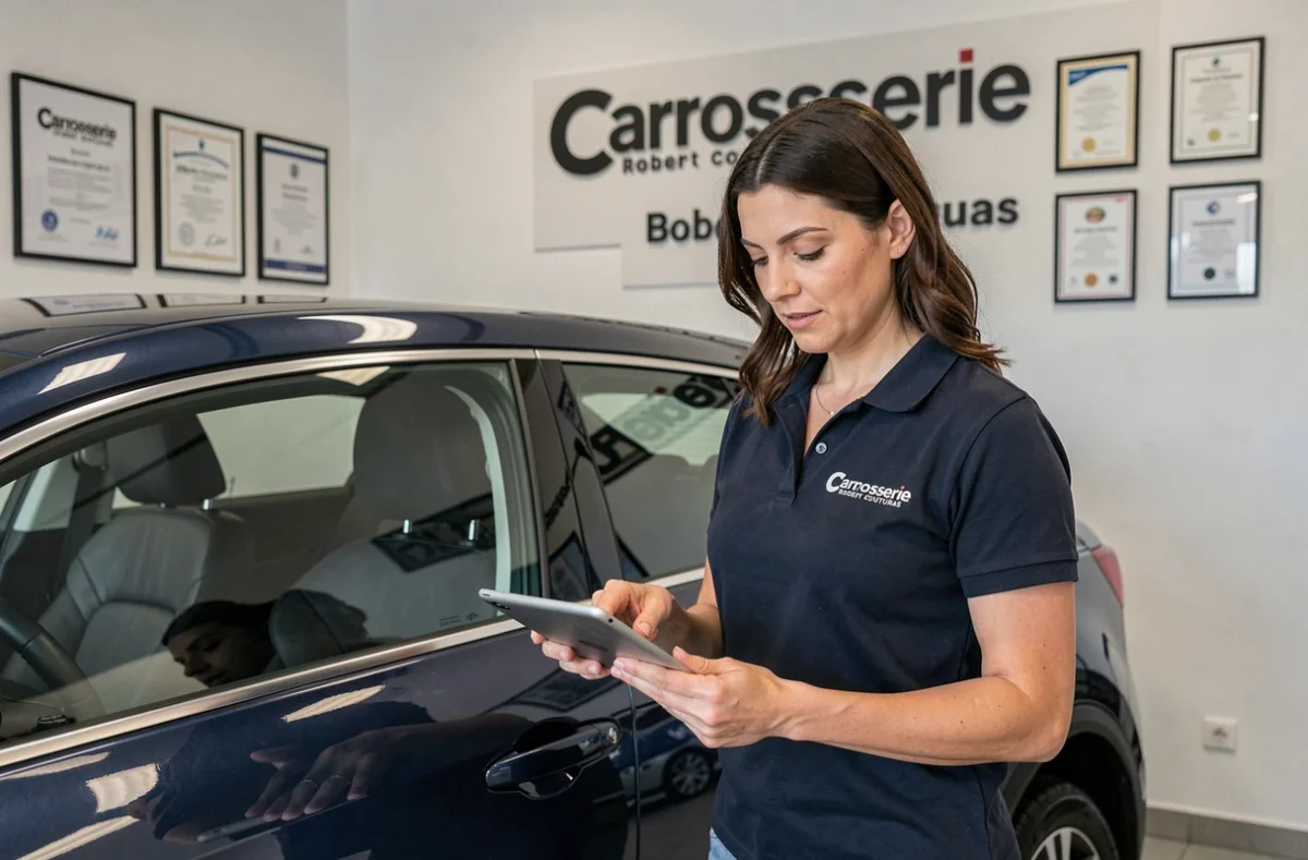 Estimatrice de la Carrosserie Robert Couturas à Bordeaux inspectant un SUV bleu foncé avec une tablette numérique