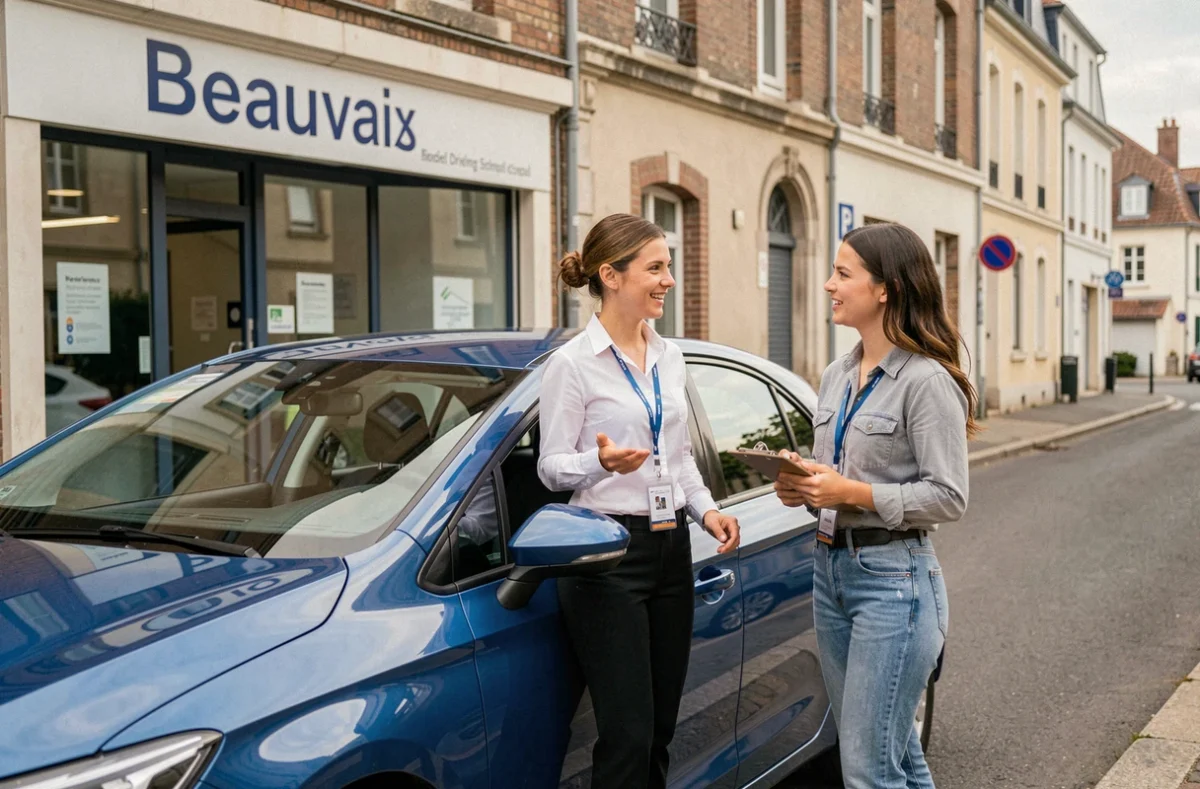 Instructrice de Cars Formation devant l'agence à Beauvais avec une élève conductrice