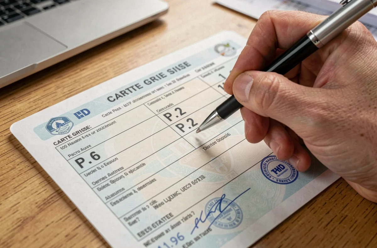 Gros plan sur une carte grise française posée sur un bureau en bois, avec les champs P.6 et P.2 mis en évidence par un stylo tenu par une main masculine