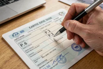 Gros plan sur une carte grise française posée sur un bureau en bois, avec les champs P.6 et P.2 mis en évidence par un stylo tenu par une main masculine