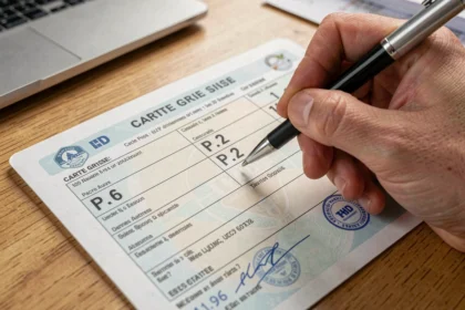 Gros plan sur une carte grise française posée sur un bureau en bois, avec les champs P.6 et P.2 mis en évidence par un stylo tenu par une main masculine