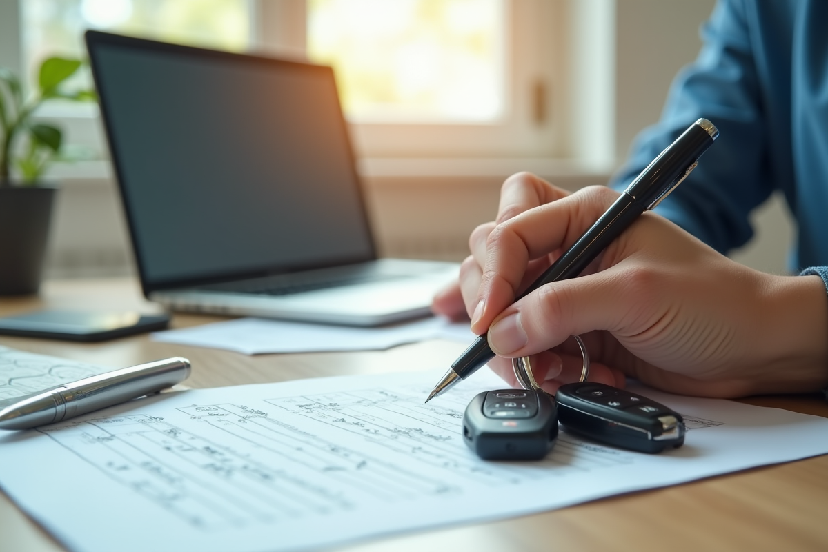 Zoom sur une main tenant une carte grise avec clés et stylo sur un bureau lumineux