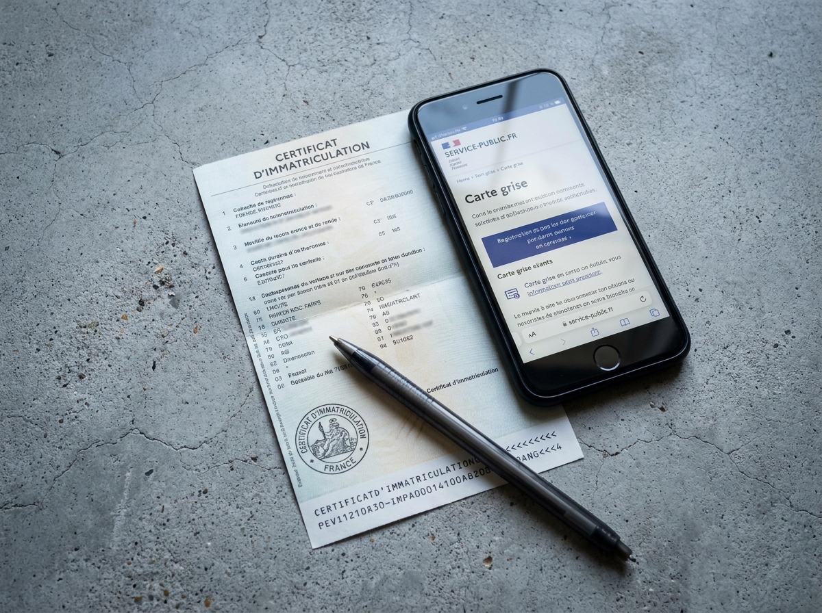 Carte grise française et smartphone affichant un site de démarche administrative pour changement d'adresse