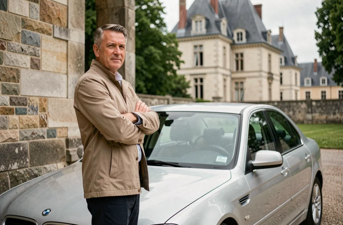 Moniteur du Cer Du Chateau posant devant son véhicule école près d'un mur en pierre à Chantilly