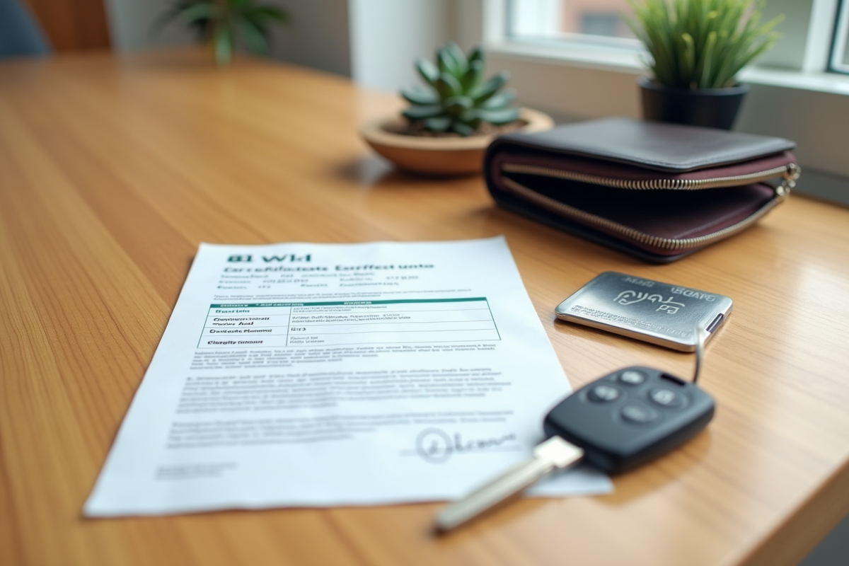 Certificat de conduite et clés sur une table en bois clair