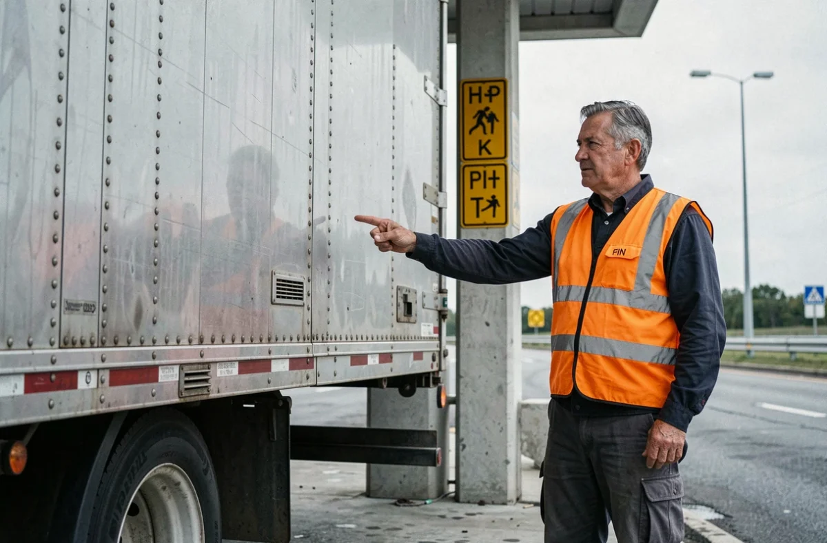 Chauffeur de camion indiquant la hauteur maximale d'une semi-remorque près d'un panneau de gabarit routier
