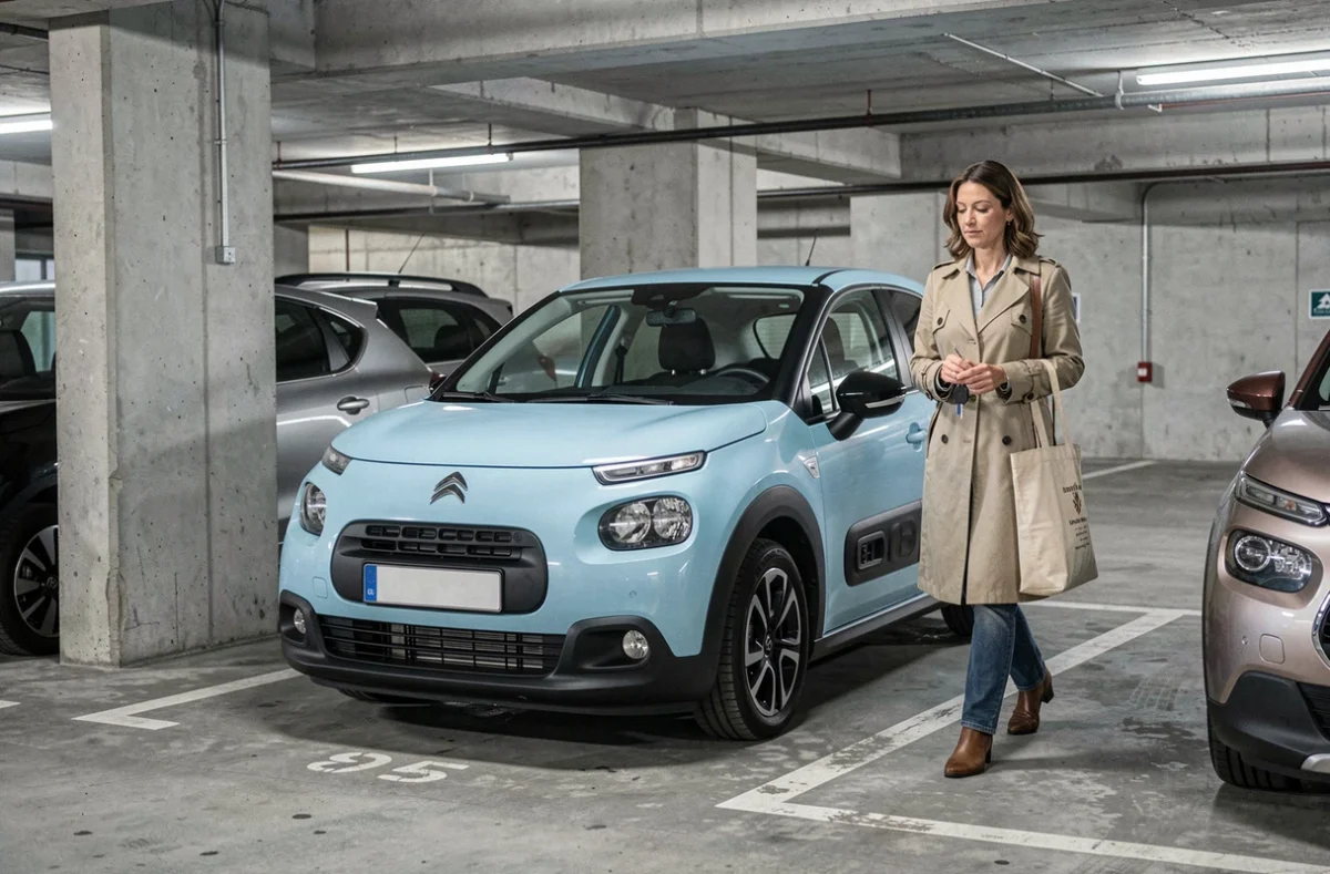 Femme se dirigeant vers sa Citroën C3 bleue garée dans un parking souterrain urbain