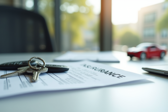 Clés de voiture et document d'assurance sur un bureau lumineux