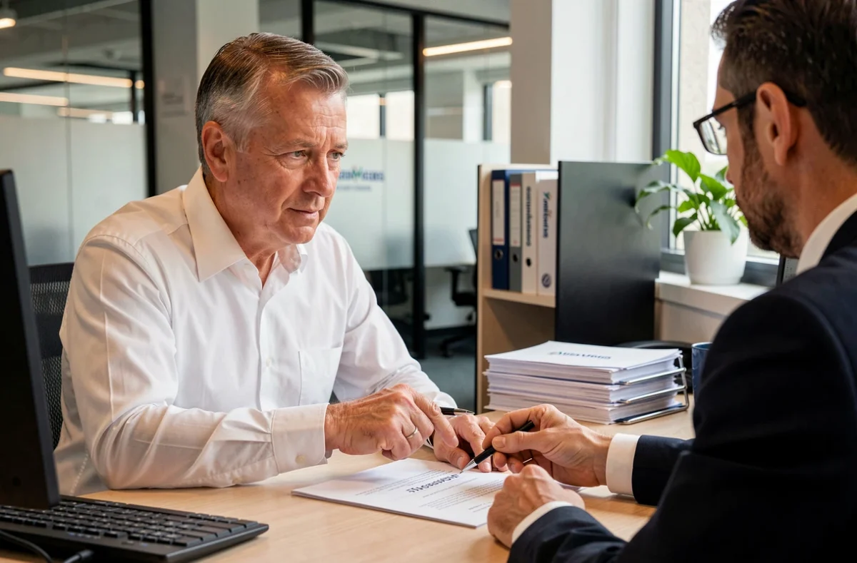 Un client et un conseiller en assurance examinent ensemble un relevé d'assurance auto dans une agence