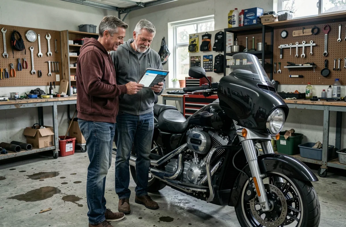 Deux hommes comparant des assurances moto sur tablette dans un garage avec une moto de tourisme