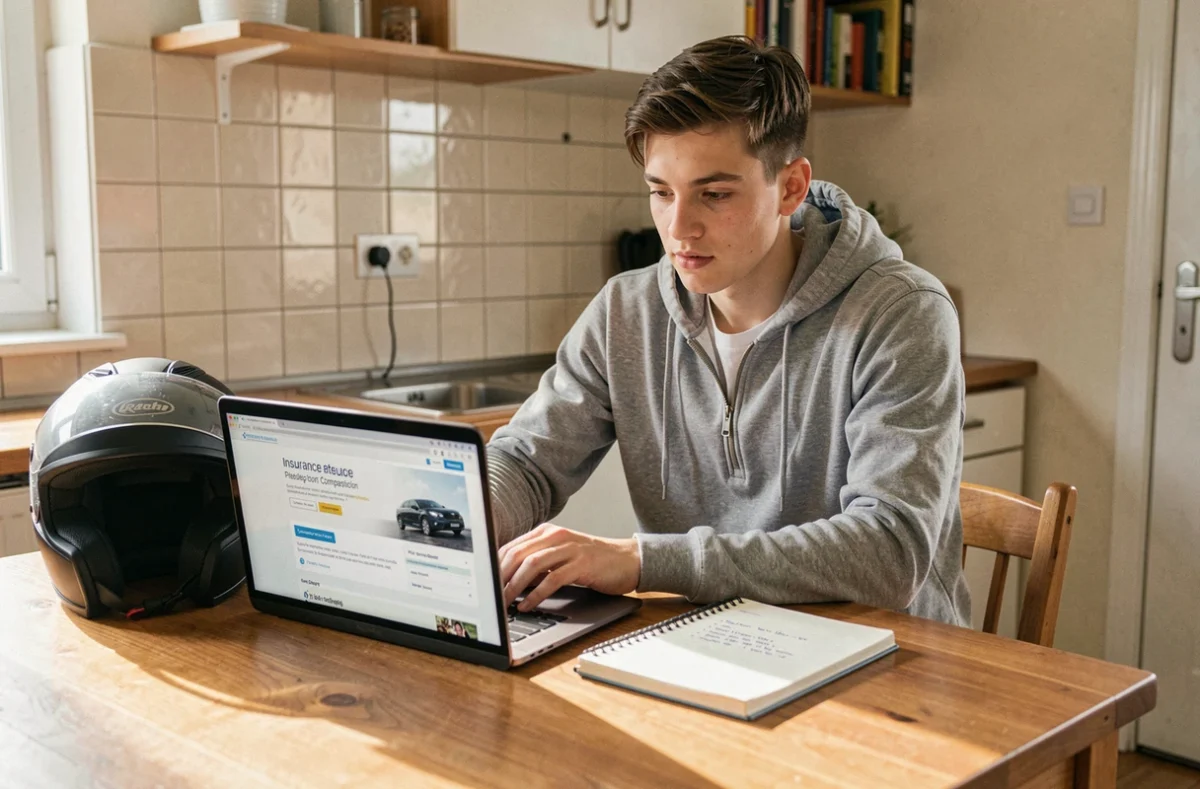 Jeune homme comparant des offres d'assurance scooter en ligne depuis son appartement