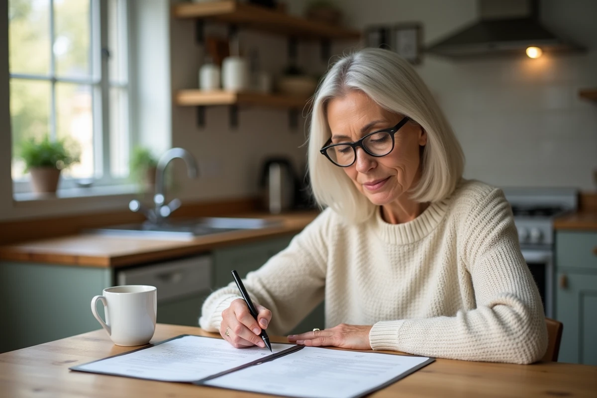 Femme comparant plusieurs devis de réparation automobile pour une courroie de distribution à domicile
