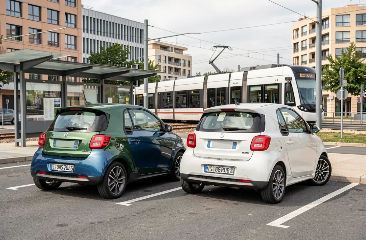 Comparaison de deux modèles de voitures sans permis garées près d'un arrêt de tramway à Montpellier