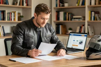 Motard comparant des offres d'assurance moto sur des documents papier dans un bureau à domicile à Nantes