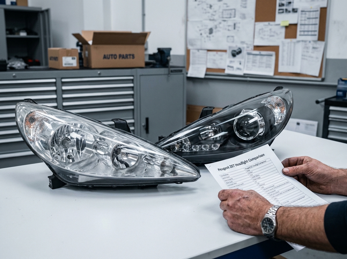 Comparaison entre phare OEM et phare aftermarket LED pour Peugeot 207 sur établi