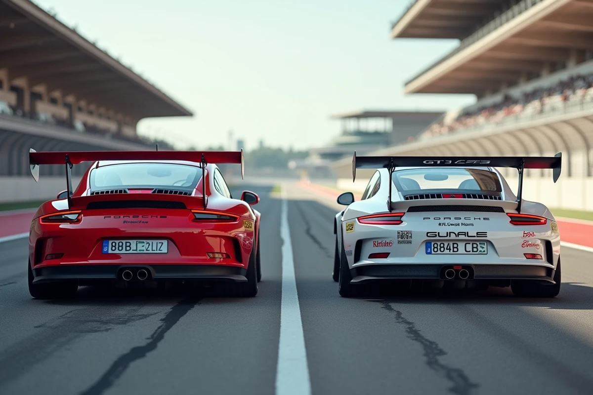 Comparaison côte à côte Porsche 911 GT3 route rouge et GT3 Cup blanche sur la voie des stands d'un circuit