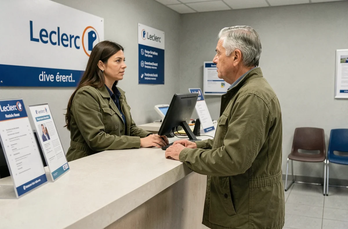 Client renseignant sur les tarifs de location mensuelle au comptoir de service Leclerc