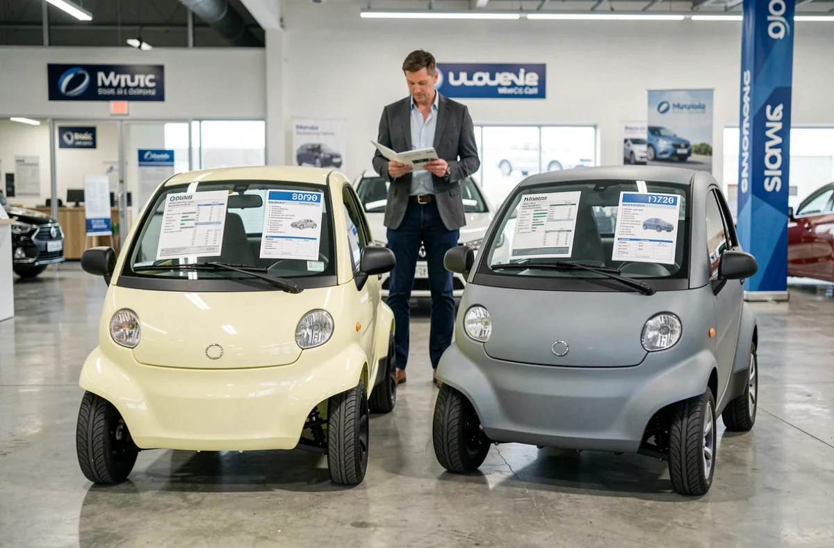 Salle d'exposition d'un concessionnaire présentant deux voitures sans permis avec affichage des prix, illustration du coût à l'achat d'un quadricycle léger