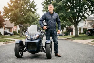 Homme d'une quarantaine d'années avec une moto à trois roues, illustrant les conditions de permis selon l'âge du conducteur